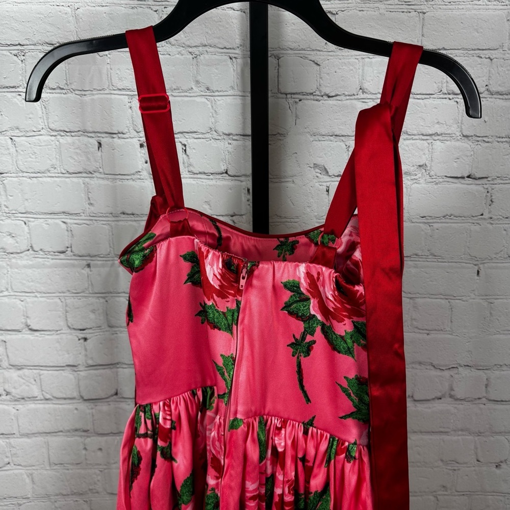 Vixen by Micheline Pitt Pink Floral Fit-and-Flare Dress with Red Straps - Picture 7 of 10
